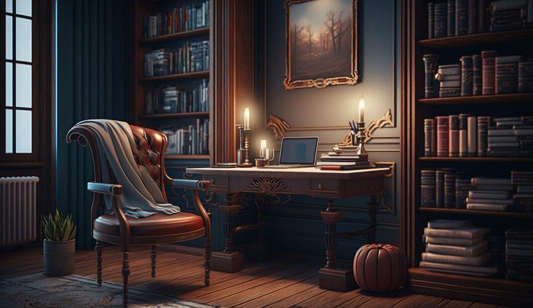 indoors-bookshelf-modern-design-comfortable-armchair-generative-ai_188544-8941
